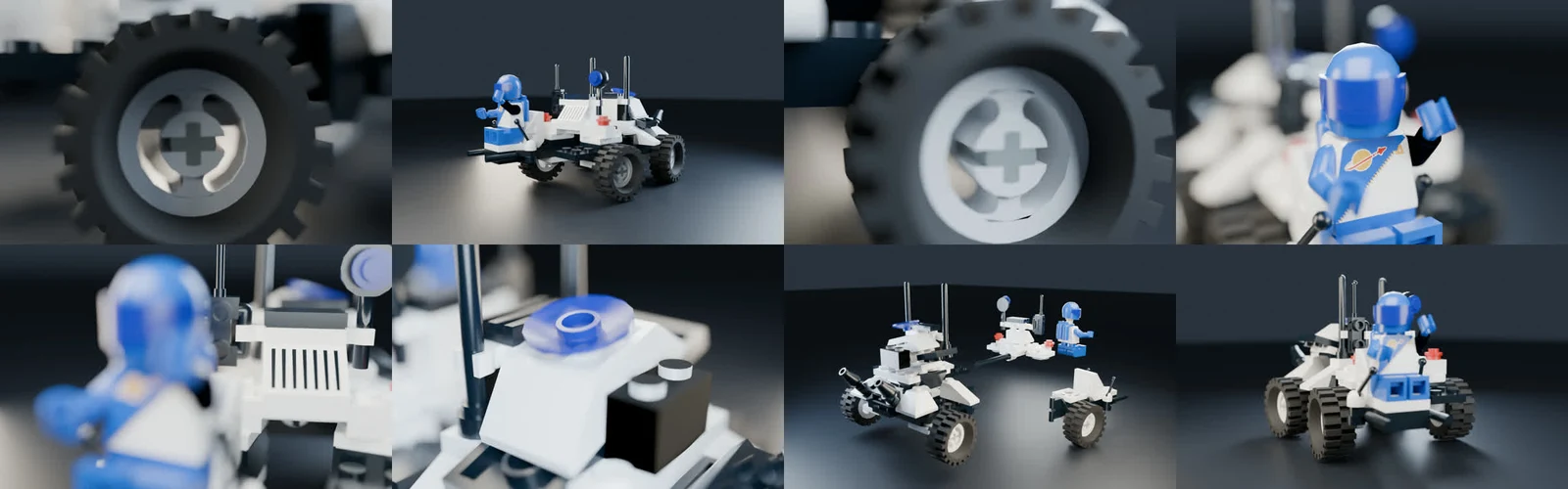 A saved Blender contact sheet showing exploratory wheel, cockpit, dish, exploded and assembled camera views
