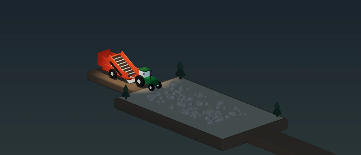 The rock picker and tractor on a dark low-poly field