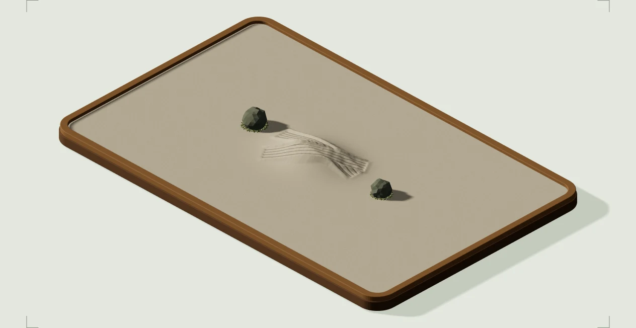 A development capture of rake grooves cutting across a raised sand surface between two stones