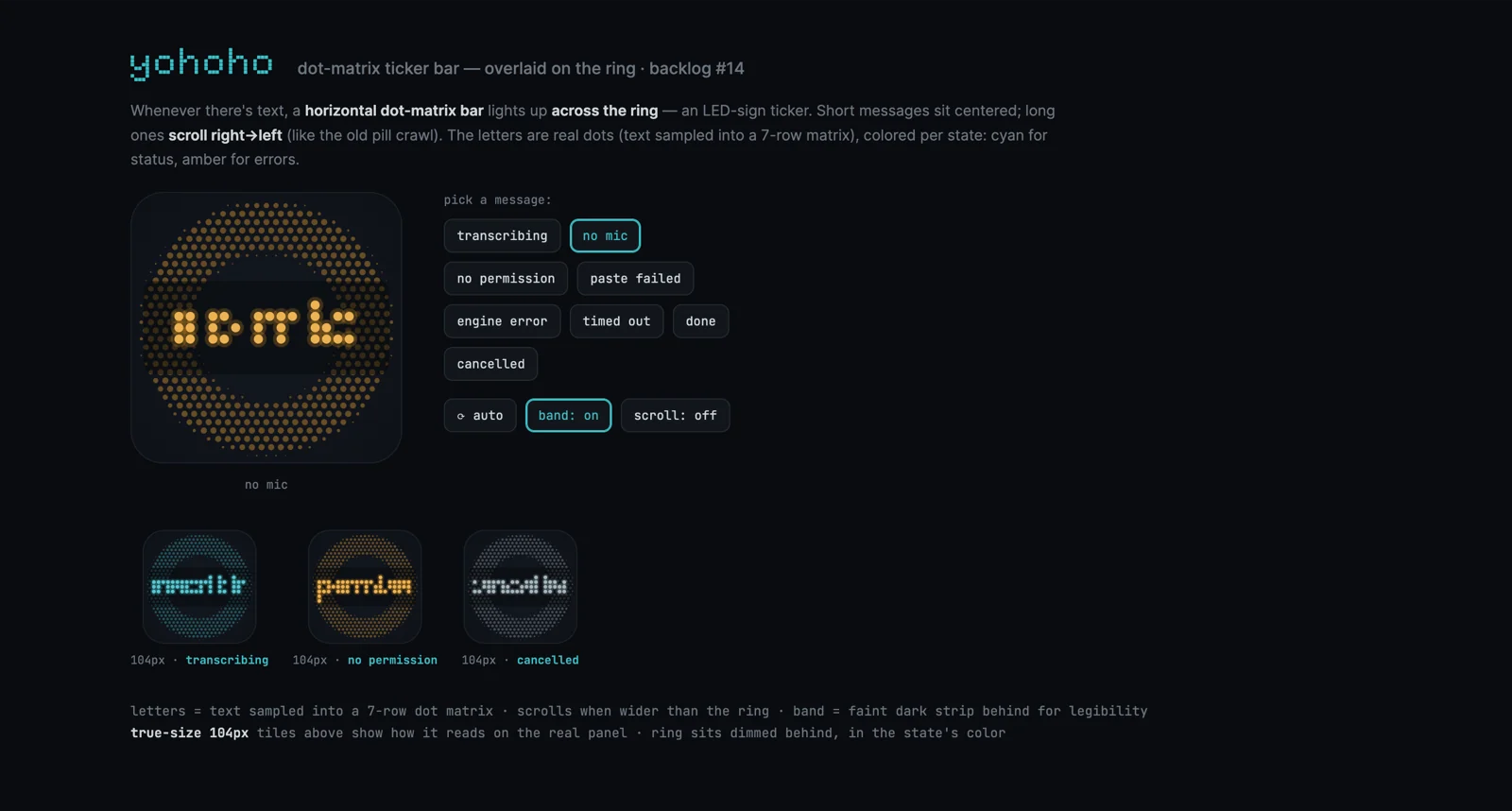 An exploration of a dot-matrix ticker bar spelling out status messages across the ring