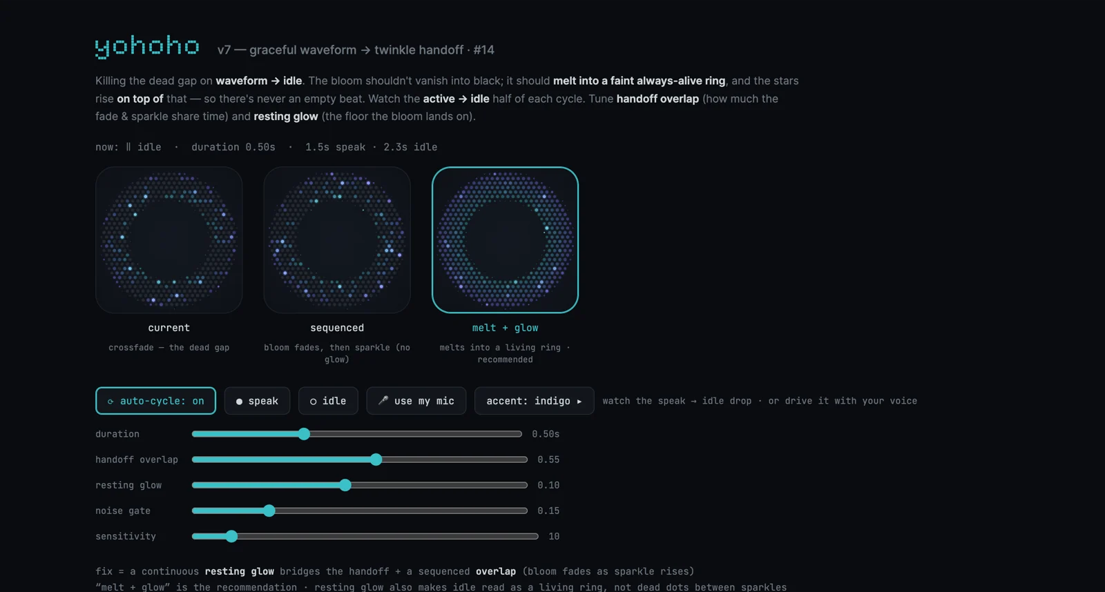 The exploration harness: three variants of the idle-to-speaking handoff with live tuning controls